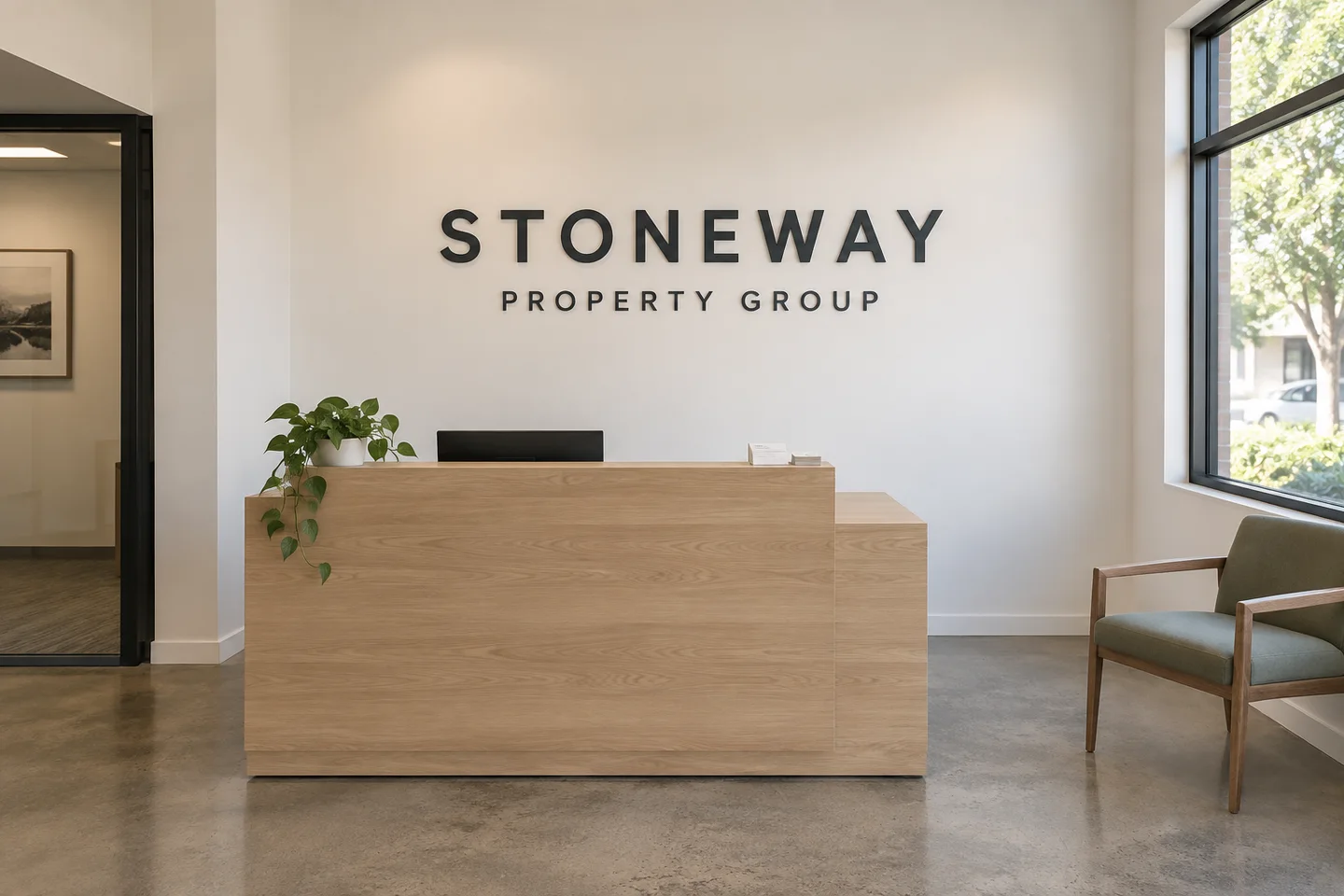 Daylight concept visualization for the fictional Stoneway Property Group lobby sign