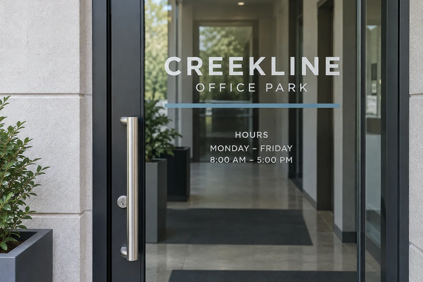 Daylight concept visualization for the fictional Creekline Office Park entry window graphics